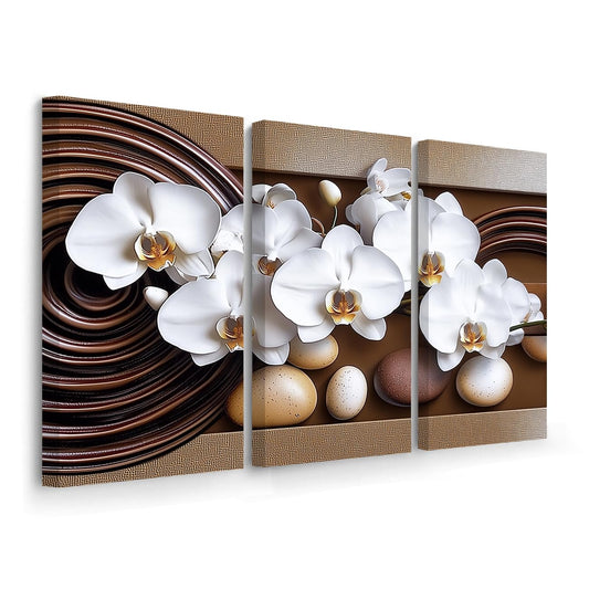 BJYCHG Orchid Picture Wall Art 3 Piece White Flowers Painting Abstract Floral Canvas Prints Modern Zen Artwork for Large Living Room Bedroom Office Decor Framed (Brown, 16x8inchx3 Pieces)