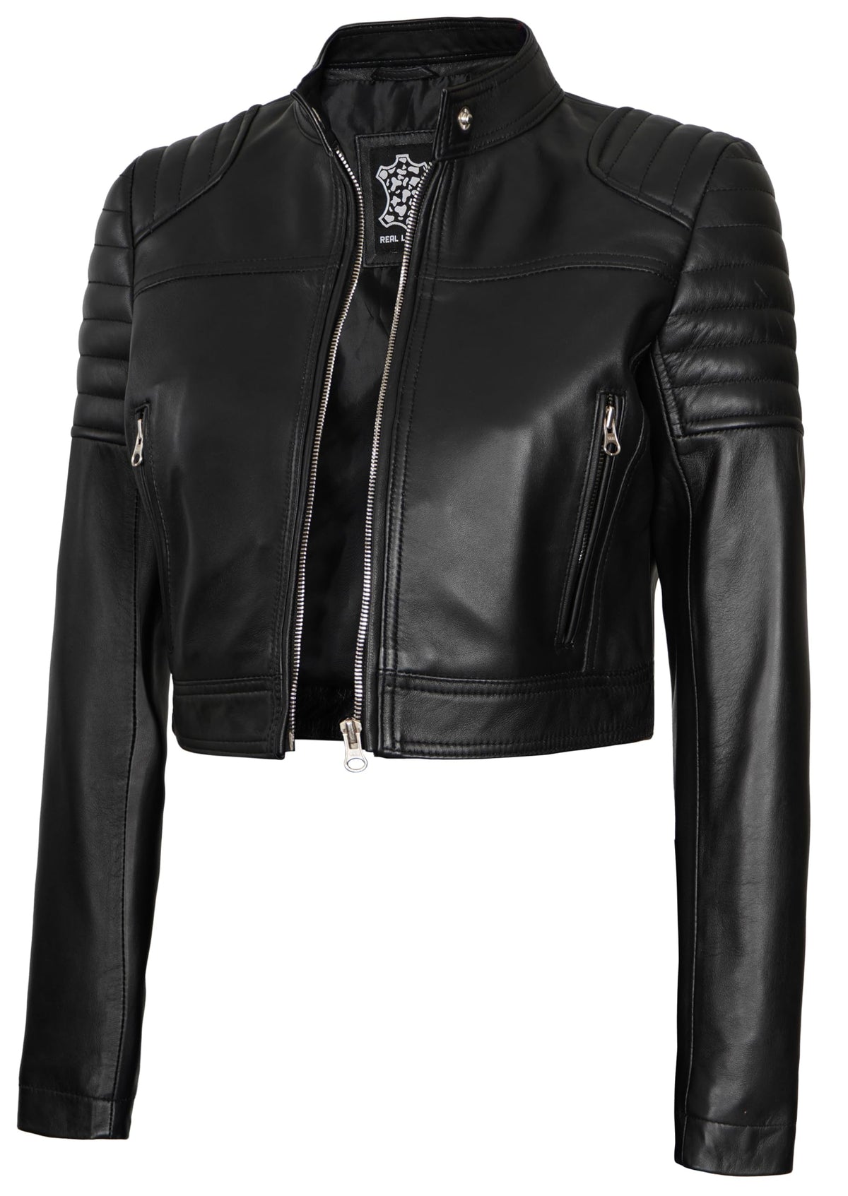 Decrum Cafe Racer Leather Motorcycle Jacket Women - Crop Leather Jackets For Womens | [1318831] Edna Black, XS
