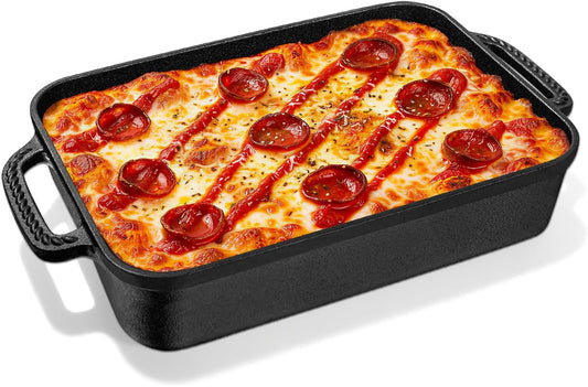 Cast Iron Detroit Pizza Pan - Pre-Seasoned 9x13 Inch Deep Baking Dish for Casserole & Lasagna