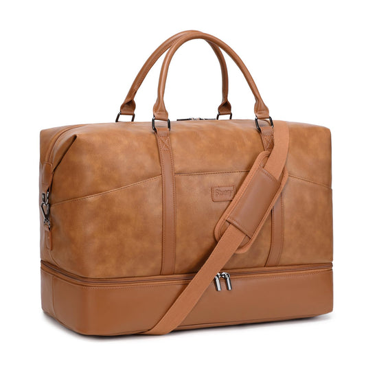 Faux Leather Weekender Bags for Women: Large Overnight Bags Travel Duffel Carry On Weekend Tote with Shoe & Laptop Compartment for Airplane Traveling Gym, Brown