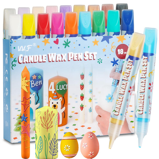 VVF Candle Painting Kit, 18-Color Candle Wax Pens (3 Metallics) with Sponge & Sticker Stencils, Great for Candle Making, DIY Crafts, Holiday Gifts & Kids Painting((10ml*18)