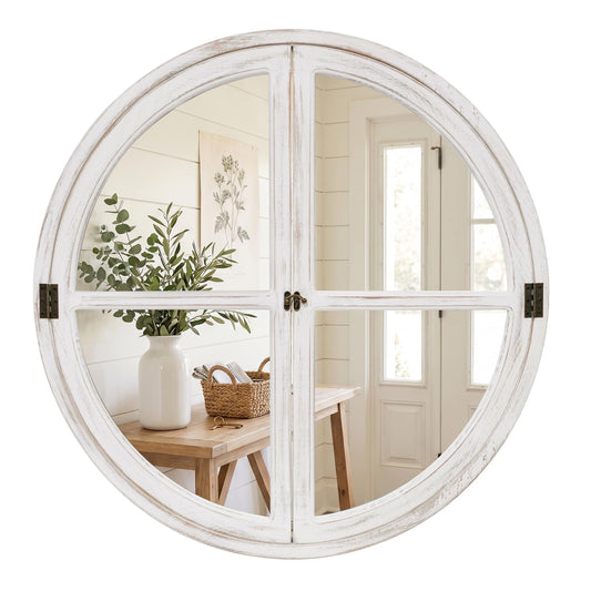 Pocetry 30" Round Window Mirror, Distressed White Solid Wood Frame & Faux Windowpanes, Shatterproof Tempered Glass, Farmhouse Cottagecore Decor for Living Room, Entryway, Dining Room