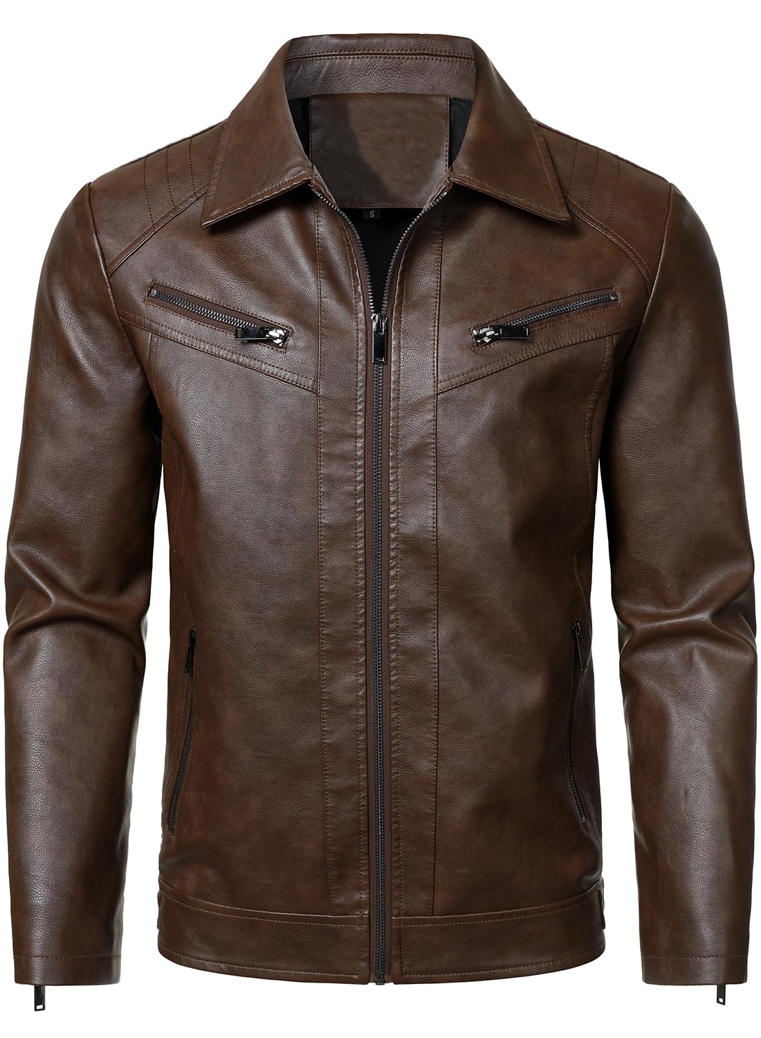 HOOD CREW Mens PU Leather Jacket Classic Style Turn Down Collar Faux Leather Biker Jackets Coffee M