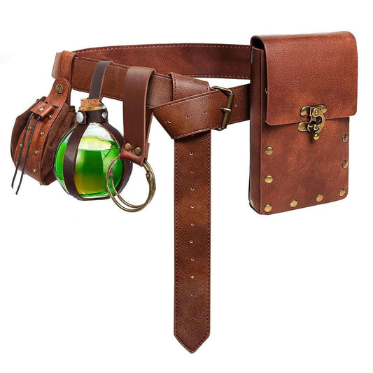 Renaissance Belt Pouch Coin Purse Skirt Hike Set Medieval Festival Costume Halloween Accessories Casual Fanny Pack Waist Bag (Pouch & Bottle-Brown)