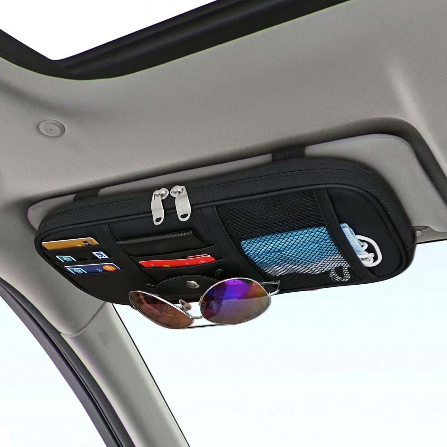 Qitdathn Car Sun Visor Organier Truck SUV Sun Visor Storage Pocket Pouch Holder, Multi-Pocket PU Leather with Zipper Net, for Cards Pens Sunglasses Document (Black)