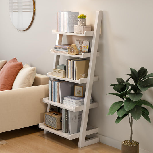 AQIMUELE White Wooden Ladder Shelf with Edges, 5-Tier Modern Leaning Bookshelf Ladder – Stylish Space-Saving Bookcase for Living Room, Bedroom & Home Office