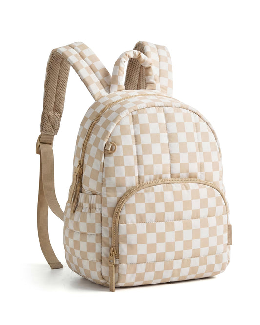 BAGSMART Mini Backpack for Women, Lightweight Puffer Small Backpack Purse, Quilted Casual Travel Daypack, Cute Water-Resistant Bookbag for Daily, Brown Checkered