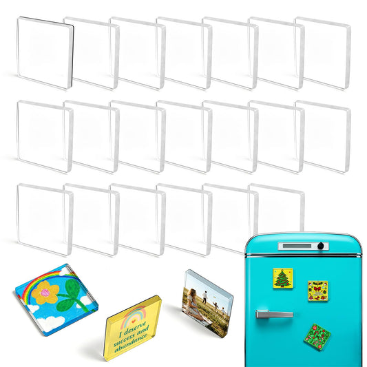 DELUOLUO 20 Pack 2"x2"x0.16" Clear Acrylic DIY Fridge Magnets Set with Adhesive Backing – Square Magnetic Photo Frames for Crafts, Kitchen, Classroom, Party & Office Decoration