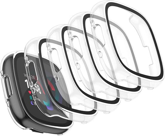 Vancle Case for Fitbit Versa 4 / Fitbit Sense 2, 4-Pack Screen Protector Tempered Glass Full Around Hard PC Case with Sensitive Touch Film Protective for Fitbit Sense 2 / Versa 4(Transparent*4)