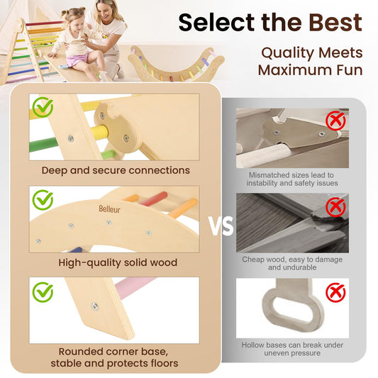 Belleur Pikler Triangle Set, 7-in-1 Foldable Climbing Toys for Toddlers 1-6 Years Old, Wooden Montessori Climbing Set with Arch, Ramp & Ladder, Baby Indoor Climber Jungle Gyms - Rainbow