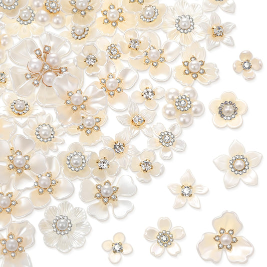 Janinka 140 Pcs Rhinestone Buttons Faux Pearl Buttons Flat Back Flower Embellishments for Jewelry Making DIY Craft Wedding Hair Bouquet Home Decoration Party Accessory (Floral,White)