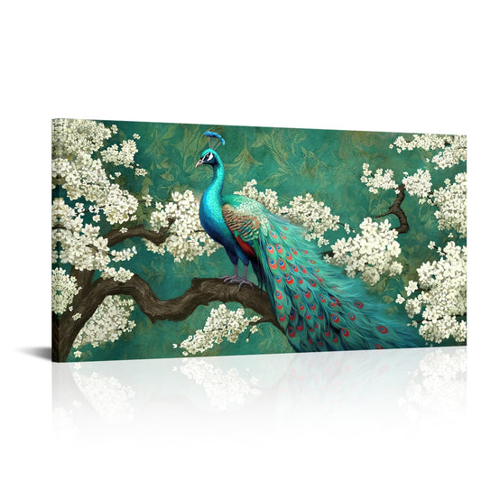 OuElegent Peacock Canvas Wall Art Green and White Flower Elegant Animal Painting Pictures Artworks for Living Room Bedroom Wall Decor Ready to Hang 24"x48"