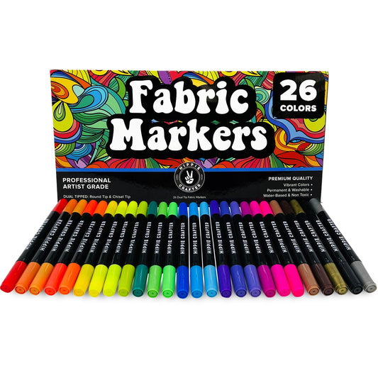 HIPPIE CRAFTER 26 Piece Fabric Markers & Pens, Permanent for Clothes, Baby Clothes, Canvas, T-Shirts, Shoes, Upholstery, Ideal for Artists & Kids, DIY and Coloring Projects
