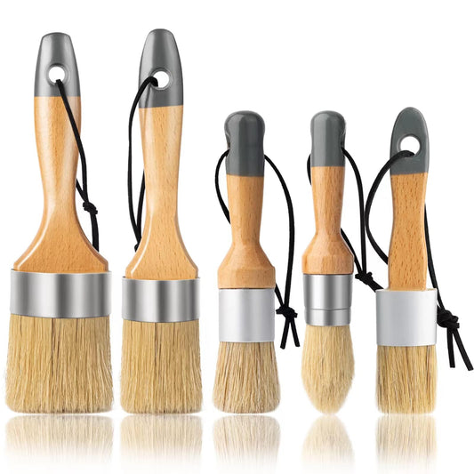 YiBaiBrush Chalk Paint Brush, Wax Paint Brush Set of 5, Wax Brushes and Chalk Paint for Furniture DIY Art Crafts, Natural Bristle Round Oval Brush for All Painting and Waxing