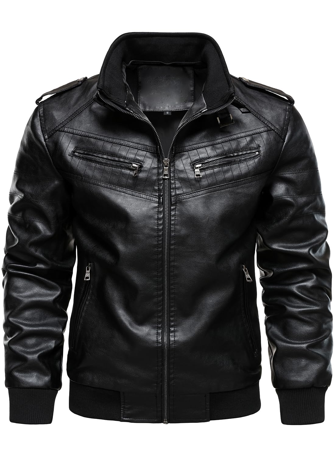 HOOD CREW Men's Leather Jackets Faux Bomber Jacket for Men Motorcycle Zip-Up Biker Coat With Hoodie Black L