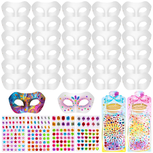 Zeustbonwe 16 pcs Paper Mache Art Masks White Craft Masks with Gem Stickers - DIY Craft Kit for Masquerade Mardi Gras Halloween Cosplay and Party Decorations