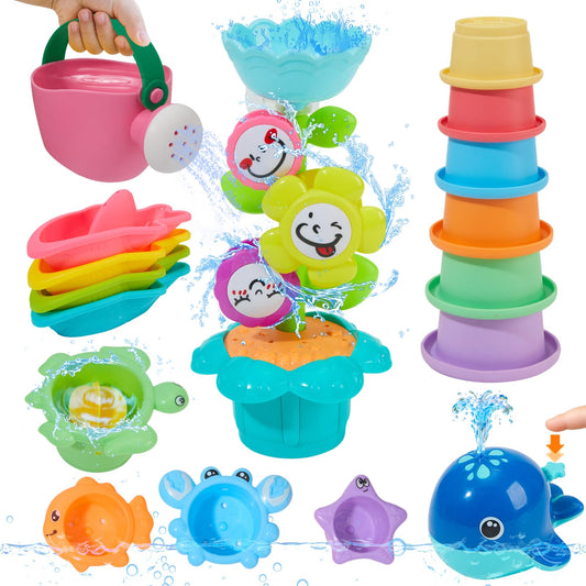 Bath Toys for Kids Ages 1-3 17PCS Fun and Easy-Grip Mold Free Baby and Toddler Bath Toys Set, Interactive Flower and Watering Can Bathtub Pool Water Table Toys for 1+ Year Old Boys Girls Gifts