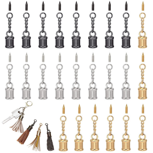 CHGCRAFT 24 Pcs 3 Colors Tassel Cord End Cap with Screw and Chain, 1 inch Leather Tassel Alloy Glue in Cord for Bag Ornament DIY Bracelet Necklace Crafts Jewelry Making