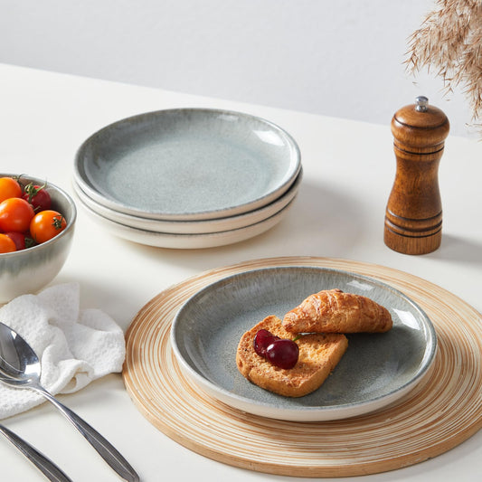 Pokini Gradient Green Stoneware Dinnerware Sets, 12 pcs Reactive Glaze Plates and Bowls Sets, Handmade Ceramic Round Dishes Set for 4, Highly Chip and Crack Resistant Modern Plate Set