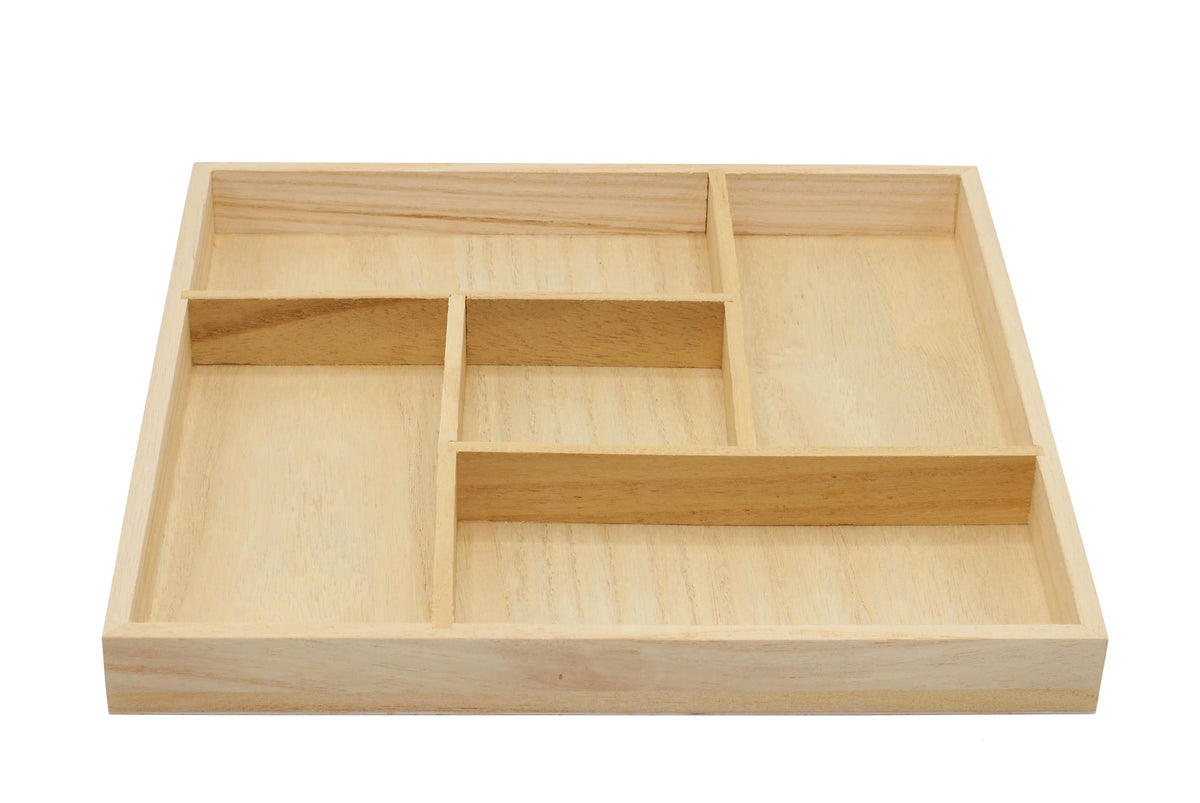 5 Section Wooden Trays – 10" × 10" Square Organizers with Compartments for Crafts, Drawer Tidying, Snacks, and Display | 2 Pack