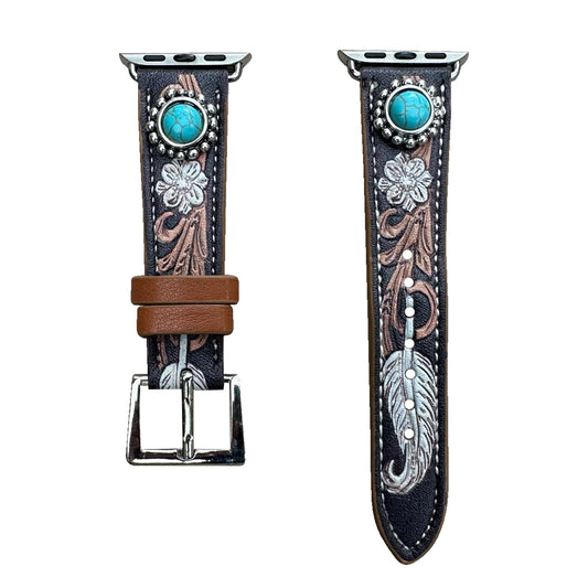 Wonderent Western Watchband for Apple Watch Size 38mm, 40mm, 41mm, 42mm, 44mm, 45mm and Series 8,7,6,5,4 and SE (38/40/41MM, ROUND CONCHO)