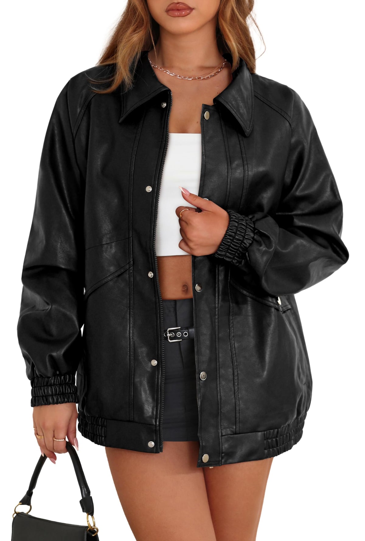 XIEERDUO Black Leather Jacket Womens Fall Fashion 2025 Winter Coats Oversized Trendy Button Zip Up Faux Leather Business Casual Western Outfits XS