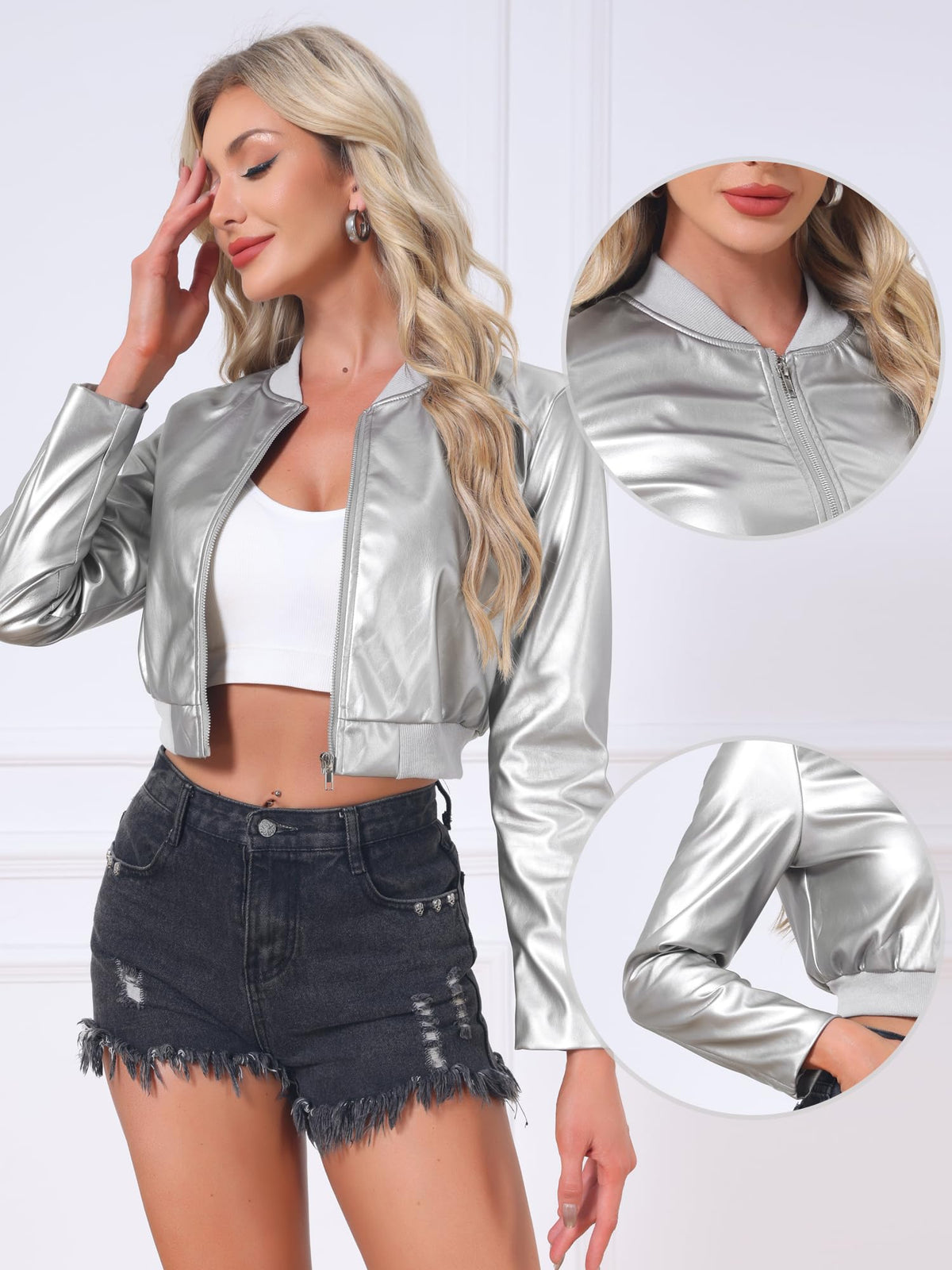 Allegra K Faux Leather Bomber Jacket for Women Casual Zip Up PU Moto Biker Motocycle Cropped Jackets Medium Silver