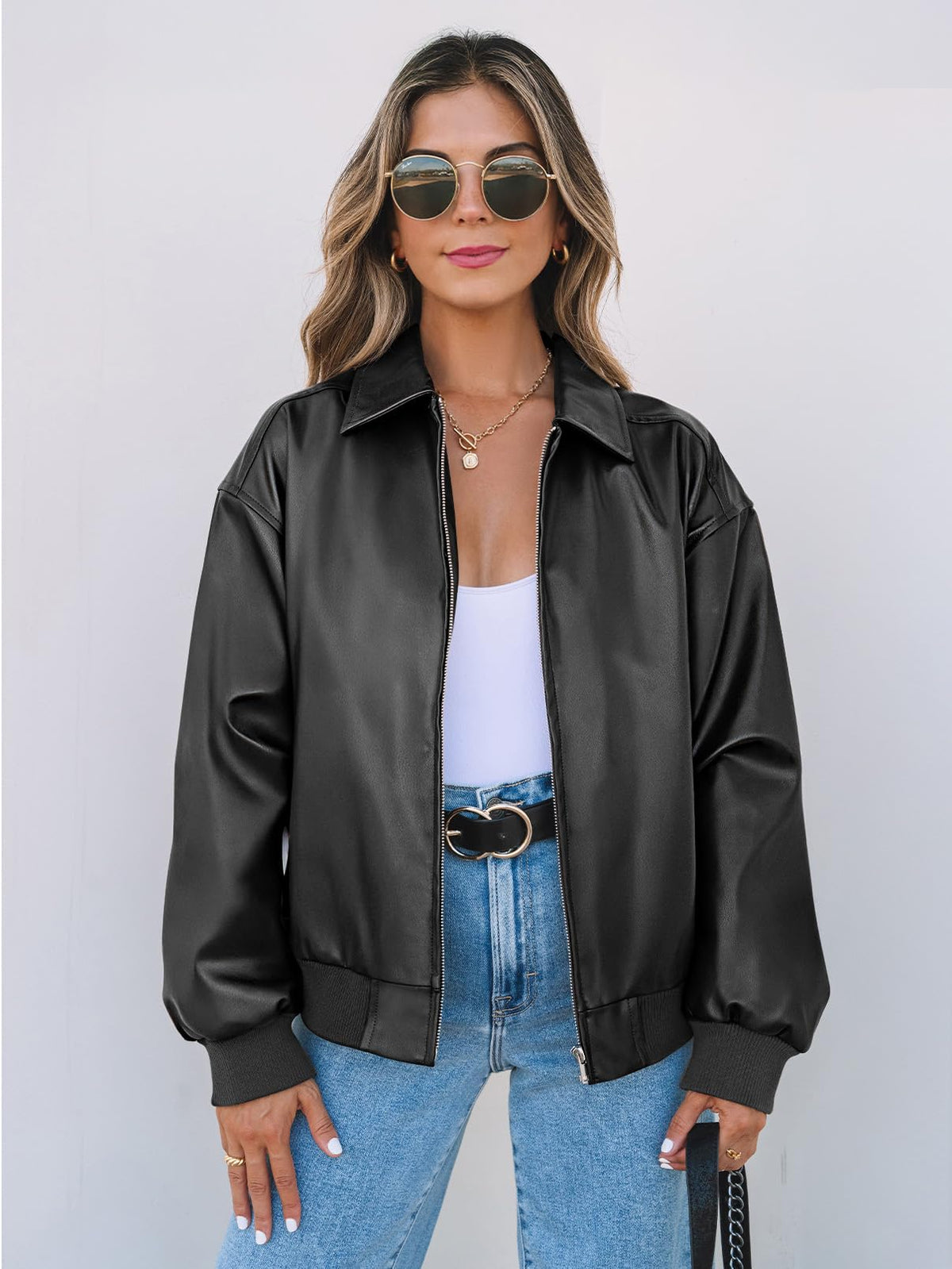 MEROKEETY Women's Oversized Faux Leather Jacket Fall Winter Zip Up Motorcycle Coats Fashion Outfits Clothes 2025, Black, Medium