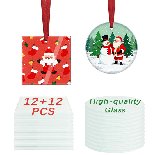 24 PCS Sublimation Glass Christmas Ornaments Sublimation Ornament Blanks 3 inches 12 Round + 12 Square with red Ribbon, Christmas Bulk Package to Create a Personalized Home