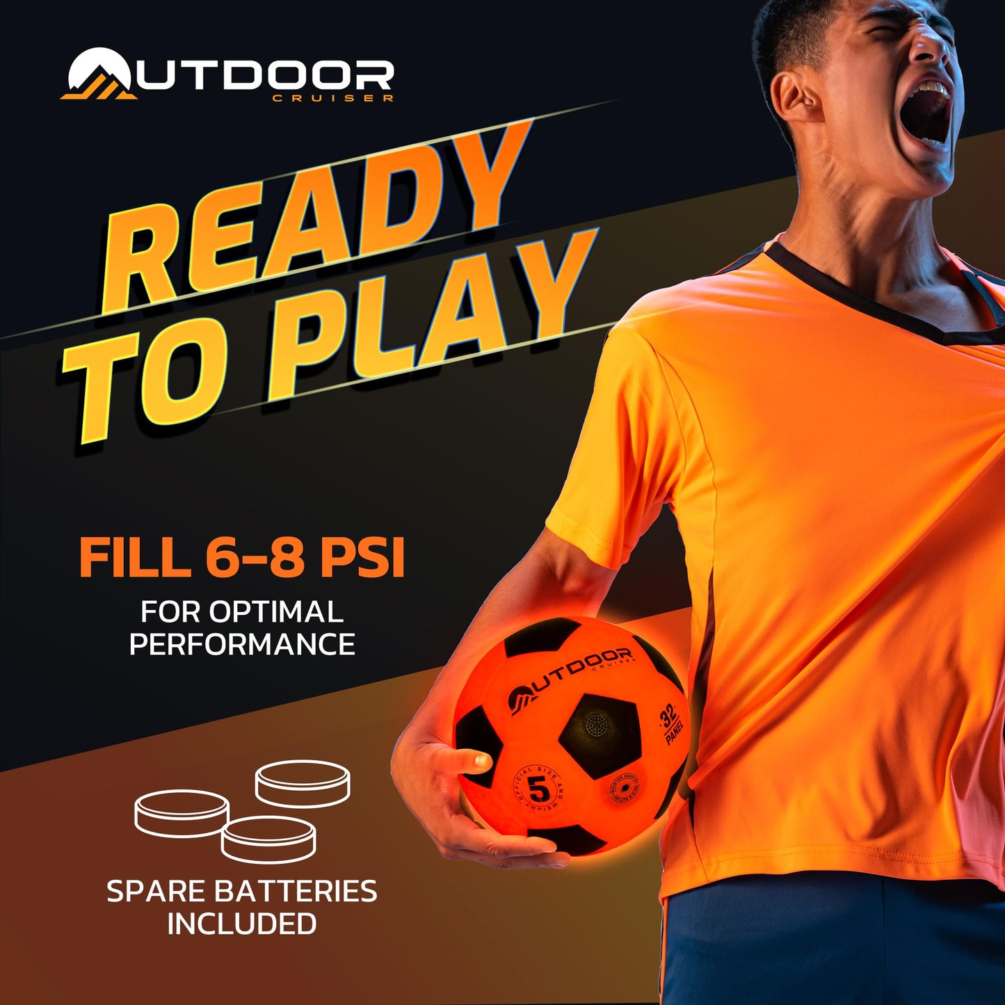 Outdoor Cruiser Light Up Soccer Ball - Waterproof Rubber Construction, Glow in the Dark, Glows Up to 30 Hours with Tap Activation, Complete Set with Pump & Spare Batteries, Official Size 5, Ages 8-15