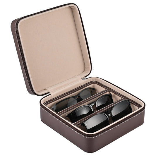 ROSELLE Eyewear Travel Case for women men, Luxury leather 3-Slot Eyeglasses Storage Box for Multiple Glasses and Sunglasses (Coffee)