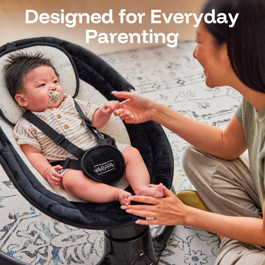 HARPPA Weddell Lite Electric Baby Swing for Infants with Music Speaker, 5 Adjustable Speeds, 5-Point Safety Harness, Timer Function, Compact Design for Indoor & Outdoor Use,Black