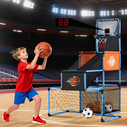 2 in 1 Basketball Arcade Game & Soccer Goal for Kids, Adjustable Kid Basketball Hoop with 6 Balls and Pump, Indoor Outdoor Games for Kid Toys for 3-12 Year Old Kids Birthday Gifts for Boys Girls
