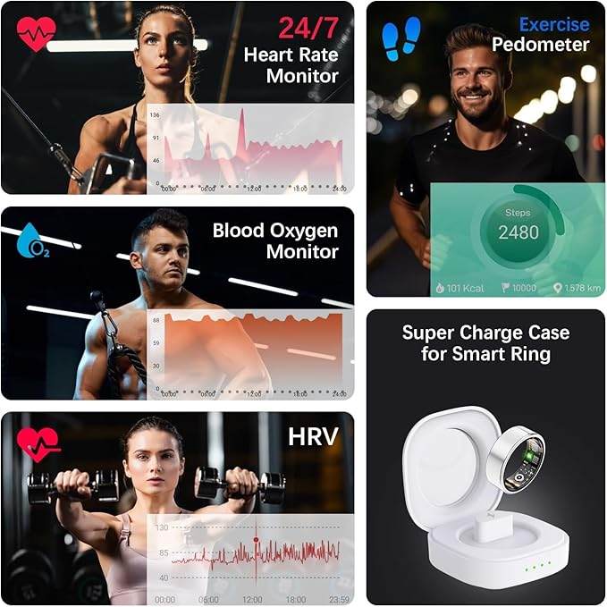 Health Tracker Ring, Smart Health Ring for Women Men with Heart Rate, Blood Oxygen, Sleep Monitor, Steps,Calories, No Subscription Fee, IP68 Waterproof Smart Ring for iPhone & Android (Silver, 8#)
