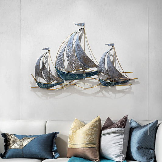 WANGLE Metal Sailboat Wall Decor, 3D Nautical Ship Wall Sculptures, 34.02" L x 21.26" H Handmade Coastal Beach Sailboat Wall Art Decor School Home Hotel Living Room Bedroom Dining Room,A