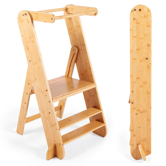 Adjustable Folding Toddler Tower, 3 Level Height Adjustable, Montessori Learning Stool, Kids Standing Tower for Kitchen and Bathroom.