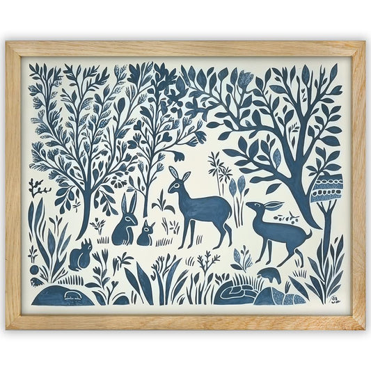 A Vintage Forest Scene Wildlife Painting – Forest Life Scandinavian Home Decor 11x14 Framed Poster, Norwegian & Scandinavian Wall Art, Wildlife & Deer Print, Folk Art & Cabin Décor