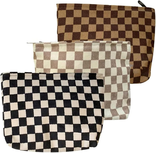 BIVIZKU Travel Checkered Makeup Bag, Corduroy Cosmetic Bag for Purse, Small Cosmetic Zipper Pouch Cute Travel Checkered Makeup Bag Gift for Women,Girls (woven checkered)