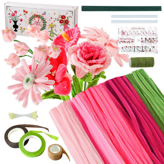 JollyPetal&Twig Pipe Cleaners Craft 5 Colors,Chenille Stems Plush Craft Kit,Pink Pipe Cleaners Flowers Kit with Floral Tape for Wedding Gifts Graduation Bouquet (Pink)