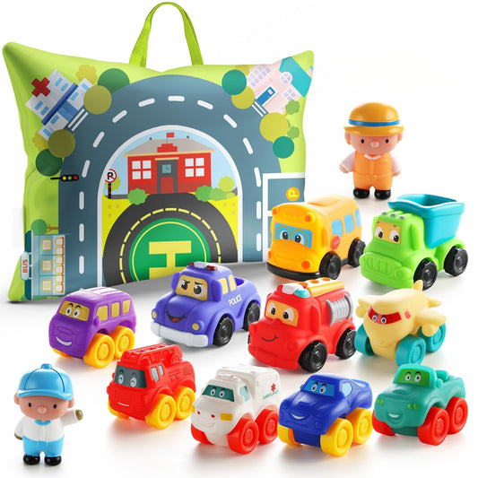 bessome Soft Rubber Toy Figure Car for 1 Year Old Boy with Playmat (Storage Bag)|12 PCS Cartoon Cars Baby Toys for 12-18 Months & Toddler Age 1-2|First Birthday|Gift for 1 2 3 Year Old Boy