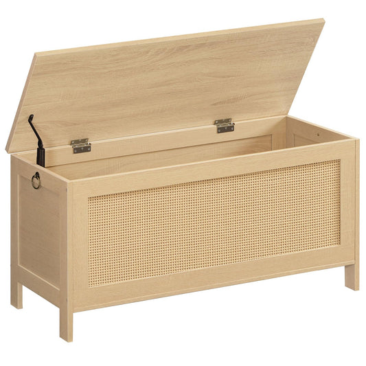 HOOBRO 39.4'' Storage Bench, Large Toy Box, Storage Chest with Faux Rattan Decoration, Toy Storage Organizer, Safety Hinge and Sturdy Support, for Living Room, Bedroom, Natural NL101CW01