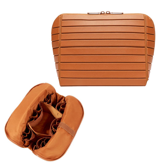 Travel Makeup Organizer Bag with Fold-Down Design and Adjustable Dividers, 27 Pockets & 3 Brush Storage Holders, Large Capacity Cosmetic Bags Toiletry Case - Brown