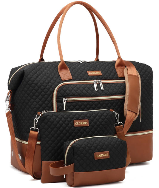 CLOKARS Weekender Bags for Women, Travel Duffle Bag Carry On Overnight Bag with Cosmetics Bag and Crossbody Purse for Gym Hospital, Gifts for Women, Black Brown