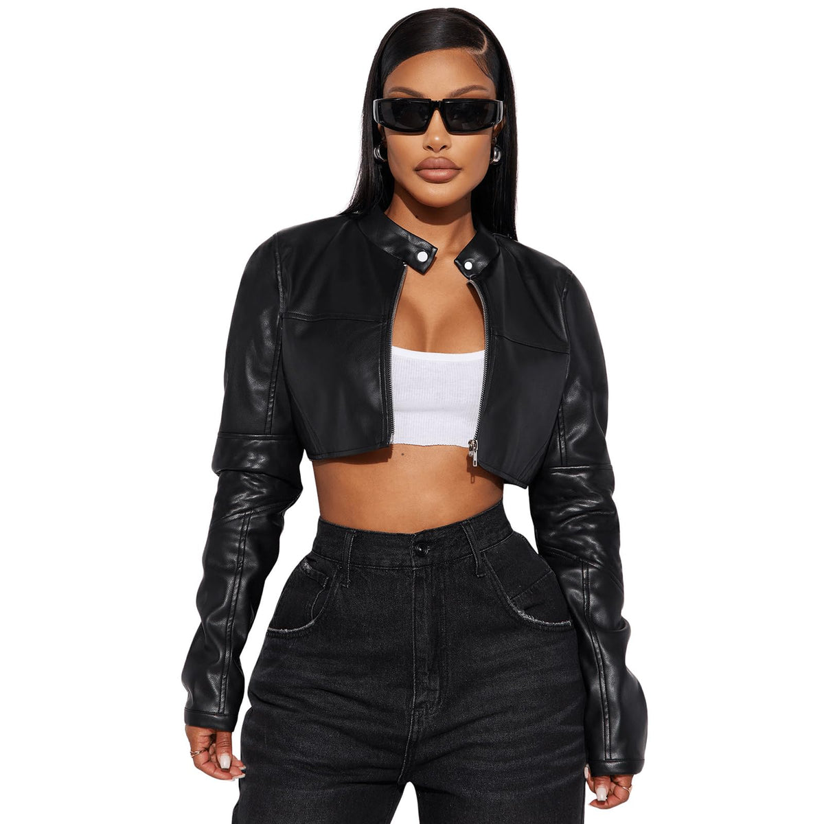 Charyeah Women's Fashion Faux Leather Jacket Crop Short Cropped PU Slim Zip Up Moto Biker Coat Motorcycle Jackets Coat (US, Alpha, Large, Regular, Regular, Black)