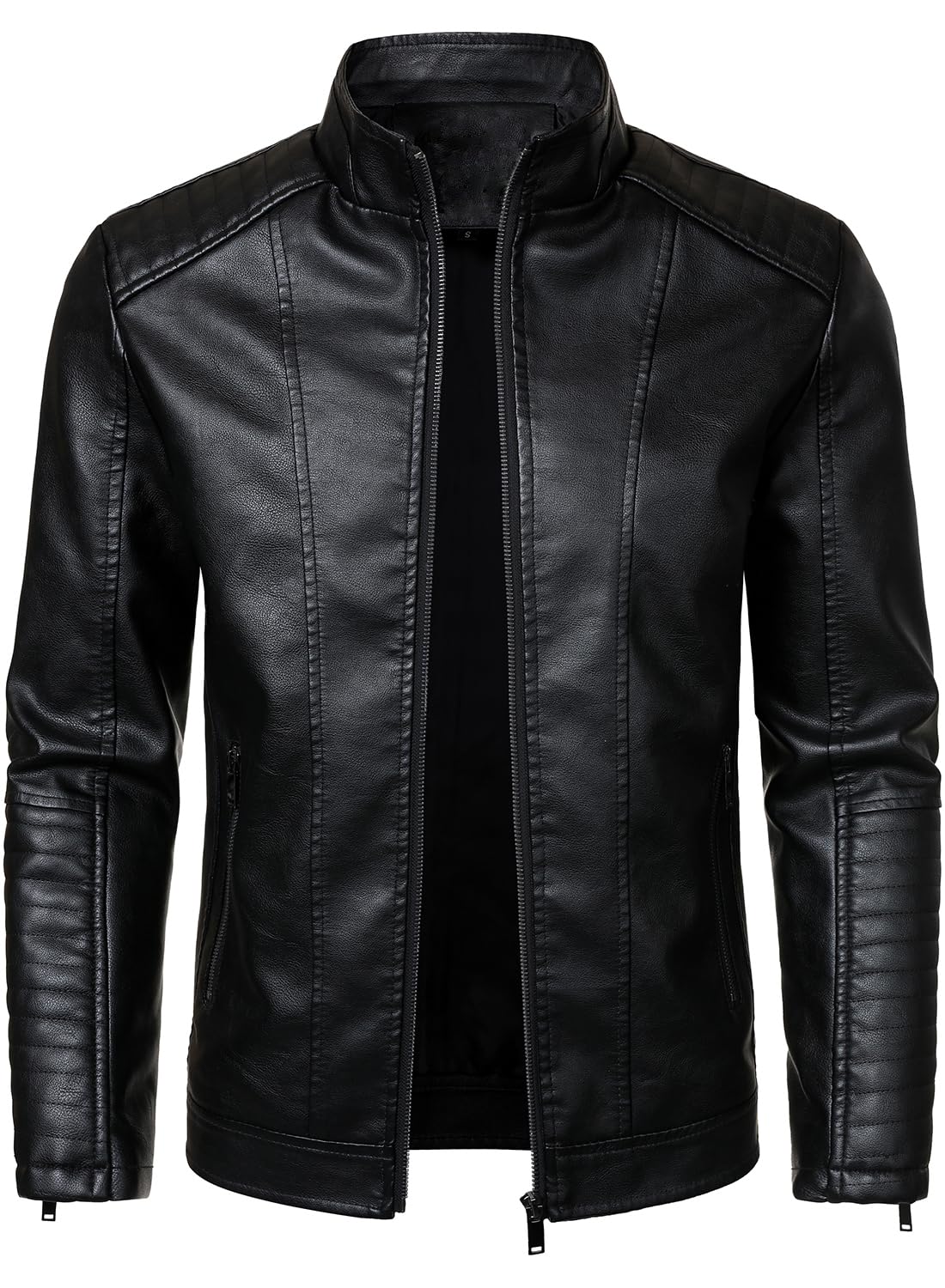HOOD CREW Men’s Stand Collar Leather Jacket Motorcycle Jackets Faux Leather Biker Coats Lightweight Outwear Black XL