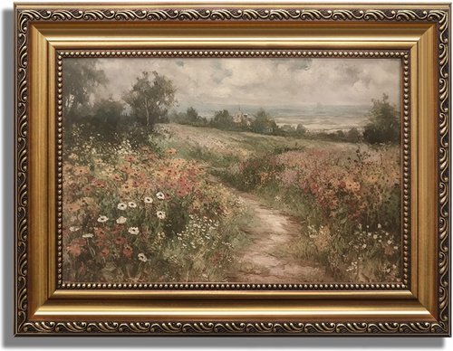 KBKBART Gold Framed Canvas Wall Art - Vintage Wildflower Field Painting | Rustic Landscape Decor (12"x16")