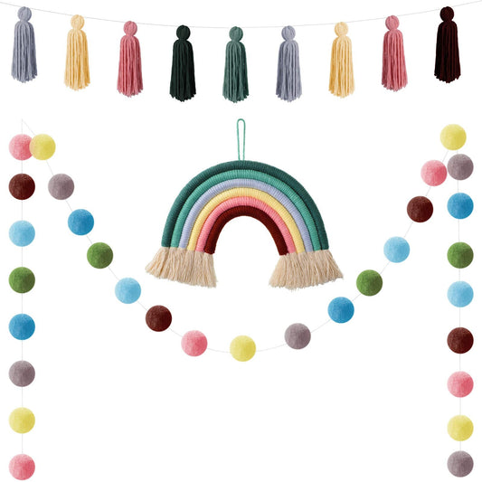 Boao 3 Pcs Boho Tassel Garland Boho Rainbow Pom Pom Garland Decor Colorful Pastel Macrame Banner Cotton Ball Wall Hanging Decor for Home Party Shower Supplies(Soft Rainbow Colors)