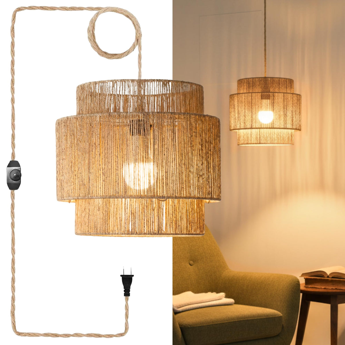 Chi An Home 11.8" Boho Jute Plug in Pendant Light, Handwoven Natural Hanging Lamp Plug in with Dimmable Light Switch, Wicker Hanging Light Fixture for Bedroom Living Room Kitchen (No Bulb Included)