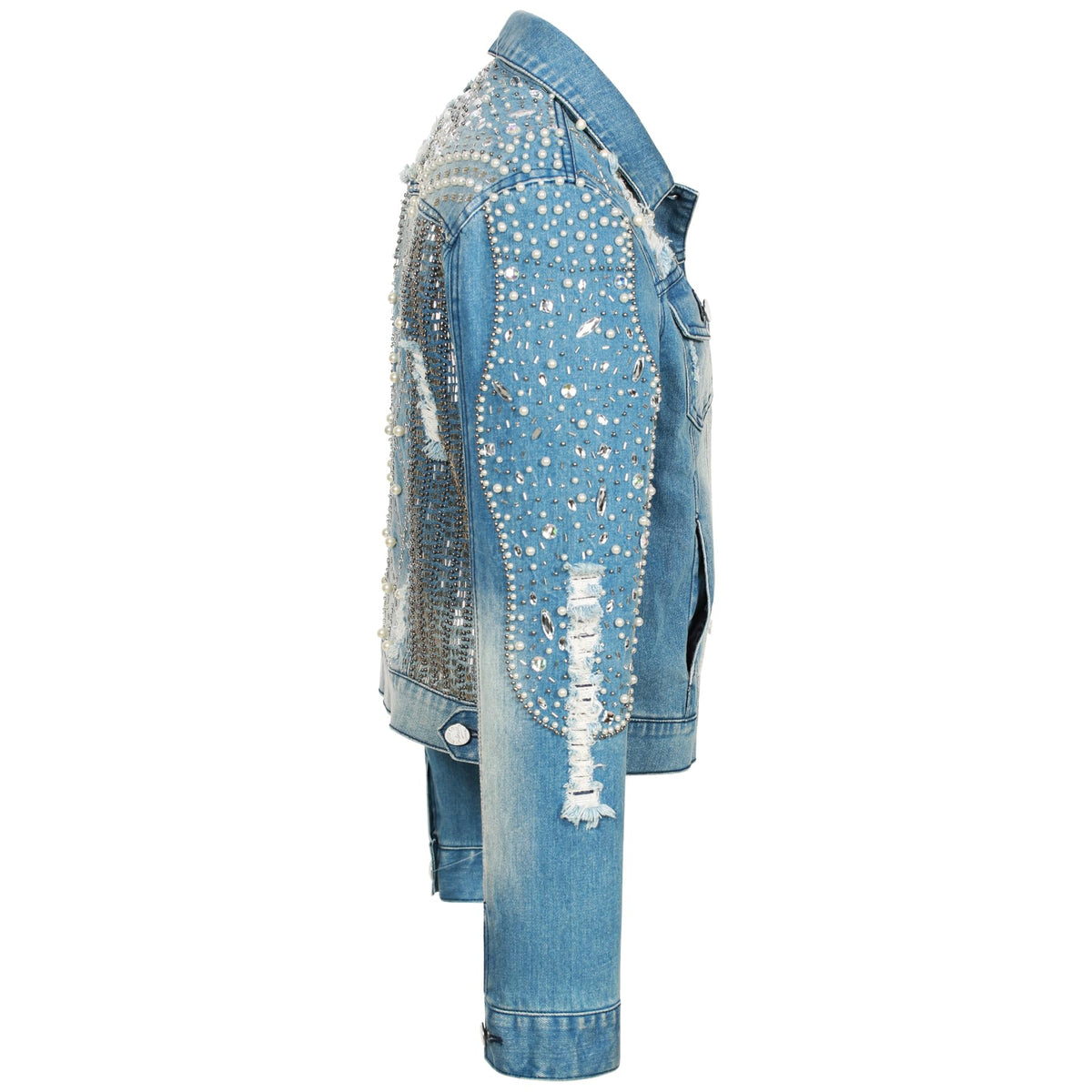 Fashion SX Women's pearl denim jacket, handmade beaded short bridal sequin jacket, motorcycle bicycle jacket(XL-Blue)