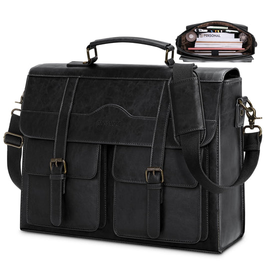RAINSMORE Mens Messenger Bag 17 Inch Vintage Leather Laptop Briefcase Magnetic Closure Large Satchel Computer Shoulder Bag for Office Travel College, Black